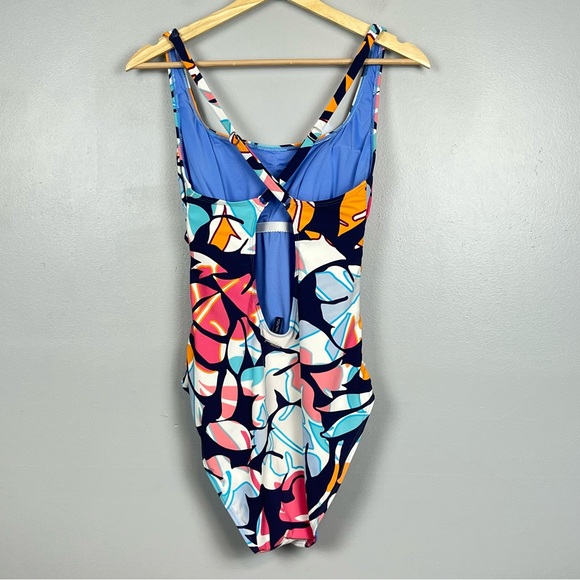 Nautica multi color tropical print crossback 1 pc. modest swimsuit, large. - Picture 2 of 13